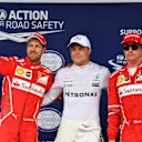 (L to R): Sebastian Vettel (GER) Ferrari, pole sitter Valtteri Bottas (FIN) Mercedes AMG F1 and Kimi Raikkonen (FIN) Ferrari celebrate in parc ferme at Formula One World Championship, Rd19, Brazilian Grand Prix, Qualifying, Interlagos, Sao Paulo, Brazil, Saturday 11 November 2017. © Mark Sutton/Sutton Images