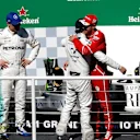 Valtteri Bottas (FIN) Mercedes AMG F1, race winner Sebastian Vettel (GER) Ferrari and Rubens Barrichello (BRA) celebrate on the podium with Felipe Massa (BRA) Williams at Formula One World Championship, Rd19, Brazilian Grand Prix, Race, Interlagos, Sao Paulo, Brazil, Sunday 12 November 2017. © Manuel Goria/Sutton Images