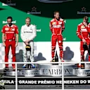 Podium (L to R): Valtteri Bottas (FIN) Mercedes AMG F1, race winner Sebastian Vettel (GER) Ferrari and Kimi Raikkonen (FIN) Ferrari at Formula One World Championship, Rd19, Brazilian Grand Prix, Race, Interlagos, Sao Paulo, Brazil, Sunday 12 November 2017