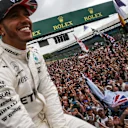 Race winner Lewis Hamilton (GBR) Mercedes AMG F1 celebrates with the fans at Formula One World Championship, Rd10, British Grand Prix, Race, Silverstone, England, Sunday 16 July 2017. © Sutton Images