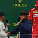 Lewis Hamilton (GBR) Mercedes AMG F1, Owen Wilson (USA) and Kimi Raikkonen (FIN) Ferrari on the podium at Formula One World Championship, Rd10, British Grand Prix, Race, Silverstone, England, Sunday 16 July 2017. © Sutton Images