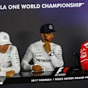 Valtteri Bottas (FIN) Mercedes AMG F1, Lewis Hamilton (GBR) Mercedes AMG F1 and Kimi Raikkonen (FIN) Ferrari in the Press Conference at Formula One World Championship, Rd10, British Grand Prix, Race, Silverstone, England, Sunday 16 July 2017. © Sutton Images