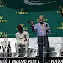 Patrick Stewart (GBR) Actor celebrates and drinks from the boot of Daniel Ricciardo (AUS) Red Bull Racing alongside Race winner Lewis Hamilton (GBR) Mercedes AMG F1 and Valtteri Bottas (FIN) Mercedes AMG F1 on the podium at Formula One World Championship, Rd7, Canadian Grand Prix, Race, Montreal, Canada, Sunday 11 June 2017. © Sutton Images