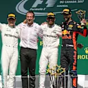 Valtteri Bottas (FIN) Mercedes AMG F1, Loic Serra (SUI) Mercedes AMG F1 Head of Vehicle Dynamics, race winner Lewis Hamilton (GBR) Mercedes AMG F1 and Daniel Ricciardo (AUS) Red Bull Racing celebrate on the podium with the trophies at Formula One World Championship, Rd7, Canadian Grand Prix, Race, Montreal, Canada, Sunday 11 June 2017. © Sutton Motorsport Images