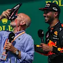 Patrick Stewart (GBR) celebrates and does a shoey on the podium watched by Daniel Ricciardo (AUS) Red Bull Racing at Formula One World Championship, Rd7, Canadian Grand Prix, Race, Montreal, Canada, Sunday 11 June 2017. © Sutton Motorsport Images