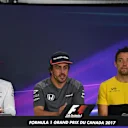 (L to R): Lewis Hamilton (GBR) Mercedes AMG F1, Fernando Alonso (ESP) McLaren and Jolyon Palmer (GBR) Renault Sport F1 Team in the Press Conference at Formula One World Championship, Rd7, Canadian Grand Prix, Preparations, Montreal, Canada, Thursday 8 June 2017. © Sutton Motorsport Images