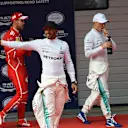 (L to R): Vettel (GER) Ferrari, Hamilton (GBR) and Bottas (FIN) Mercedes AMG F1 celebrate in parc ferme at Formula One World Championship, Rd2, Chinese Grand Prix, Qualifying, Shanghai, China, Saturday 8 April 2017. © Sutton Motorsport Images