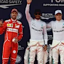 Sebastian Vettel (GER) Ferrari, pole sitter Lewis Hamilton (GBR) Mercedes AMG F1 and Valtteri Bottas (FIN) Mercedes AMG F1 celebrate in parc ferme at F1 World Championship, Chinese Grand Prix, Shanghai, China, 8 April 2017. ©Sutton Motorsport Images