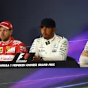 Vettel (GER) Ferrari, Hamilton (GBR) Mercedes AMG F1 and Bottas (FIN) Mercedes AMG F1 in the Press Conference at Formula One World Championship, Rd2, Chinese Grand Prix, Qualifying, Shanghai, China, Saturday 8 April 2017. © Sutton Motorsport Images