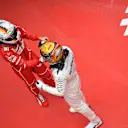 Race winner Lewis Hamilton (GBR) Mercedes AMG F1 and Sebastian Vettel (GER) Ferrari celebrate in parc ferme at Formula One World Championship, Rd2, Chinese Grand Prix, Race, Shanghai, China, Sunday 9 April 2017. © Sutton Motorsport Images