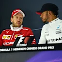 Sebastian Vettel (GER) Ferrari and race winner Lewis Hamilton (GBR) Mercedes AMG F1 in the Press Conference at Formula One World Championship, Rd2, Chinese Grand Prix, Race, Shanghai, China, Sunday 9 April 2017. © Sutton Motorsport Images