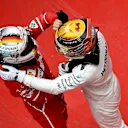 Race winner Lewis Hamilton (GBR) Mercedes AMG F1 and Sebastian Vettel (GER) Ferrari celebrate in parc ferme at Formula One World Championship, Rd2, Chinese Grand Prix, Race, Shanghai, China, Sunday 9 April 2017. © Sutton Motorsport Images
