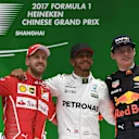 (L to R): Sebastian Vettel (GER) Ferrari, Lewis Hamilton (GBR) Mercedes AMG and Max Verstappen (NED) Red Bull celebrate on the podium at Formula One World Championship, Chinese Grand Prix, Shanghai, China, 9 April 2017. ©Sutton Motorsport Images