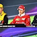 (L to R): Nico Hulkenberg (GER) Renault Sport F1 Team, Sebastian Vettel (GER) Ferrari and Max Verstappen (NED) Red Bull Racing in the Press Conference at F1 World Championship, Chinese Grand Prix, Shanghai, China, 6 April 2017. ©Sutton Motorsport Images