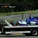 The crashed car of Pascal Wehrlein (GER) Sauber C36 is recovered in FP2 at Formula One World Championship, Rd11, Hungarian Grand Prix, Practice, Hungaroring, Hungary, Friday 28 July 2017. © Sutton Images