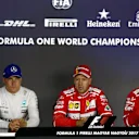 Valtteri Bottas (FIN) Mercedes AMG F1, Pole sitter Sebastian Vettel (GER) Ferrari and Kimi Raikkonen (FIN) Ferrari in the Press Conference at Formula One World Championship, Rd11, Hungarian Grand Prix, Qualifying, Hungaroring, Hungary, Saturday 29 July 2017. © Sutton Images