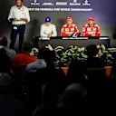 Matteo Bonciani (ITA) FIA Media Delegate, Valtteri Bottas (FIN) Mercedes AMG F1, Pole sitter Sebastian Vettel (GER) Ferrari and Kimi Raikkonen (FIN) Ferrari in the Press Conference at Formula One World Championship, Rd11, Hungarian Grand Prix, Qualifying, Hungaroring, Hungary, Saturday 29 July 2017. © Sutton Images