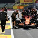 McLaren mechanics push the car of Fernando Alonso (ESP) McLaren MCL32 in pit lane at Formula One World Championship, Rd11, Hungarian Grand Prix, Qualifying, Hungaroring, Hungary, Saturday 29 July 2017. © Sutton Images