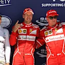 (L to R): Valtteri Bottas (FIN) Mercedes AMG F1, pole sitter Sebastian Vettel (GER) Ferrari and Kimi Raikkonen (FIN) Ferrari celebrate in parc ferme at Formula One World Championship, Rd11, Hungarian Grand Prix, Qualifying, Hungaroring, Hungary, Saturday 29 July 2017. © Sutton Images