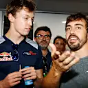 Fernando Alonso (ESP) McLaren celebrates his 36th Birthday with Daniil Kvyat (RUS) Scuderia Toro Rosso at Formula One World Championship, Rd11, Hungarian Grand Prix, Qualifying, Hungaroring, Hungary, Saturday 29 July 2017. © Sutton Images
