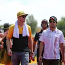 Nico Hulkenberg (GER) Renault Sport F1 Team and Sergio Perez (MEX) Force India on the drivers parade at Formula One World Championship, Rd11, Hungarian Grand Prix, Race, Hungaroring, Hungary, Sunday 30 July 2017. © Sutton Images
