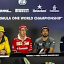 Nico Hulkenberg (GER) Renault Sport F1 Team, Sebastian Vettel (GER) Ferrari, Fernando Alonso (ESP) McLaren and Marcus Ericsson (SWE) Sauber in the Press Conference at Formula One World Championship, Rd11, Hungarian Grand Prix, Preparations, Hungaroring, Hungary, Thursday 27 July 2017. © Sutton Images