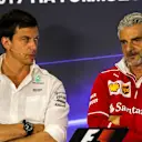 Toto Wolff (AUT) Mercedes AMG F1 Director of Motorsport and Maurizio Arrivabene (ITA) Ferrari Team Principal in the Press Conference at Formula One World Championship, Rd13, Italian Grand Prix, Practice, Monza, Italy, Friday 1 September 2017. © Sutton Images