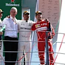 Valtteri Bottas (FIN) Mercedes AMG F1, Lewis Hamilton (GBR) Mercedes AMG F1 and Sebastian Vettel (GER) Ferrari celebrate on the podium at Formula One World Championship, Rd13, Italian Grand Prix, Race, Monza, Italy, Sunday 3 September 2017. © Sutton Images