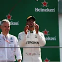 Race winner Lewis Hamilton (GBR) Mercedes AMG F1 celebrates on the podium with the his mobile phone at Formula One World Championship, Rd13, Italian Grand Prix, Race, Monza, Italy, Sunday 3 September 2017. © Sutton Images
