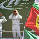 Valtteri Bottas (FIN) Mercedes AMG F1 and Lewis Hamilton (GBR) Mercedes AMG F1 celebrate on the podium at Formula One World Championship, Rd13, Italian Grand Prix, Race, Monza, Italy, Sunday 3 September 2017. © Sutton Images