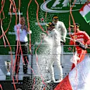 Bottas (FIN) Mercedes AMG F1, Hamilton (GBR) Mercedes AMG F1 and Vettel (GER) Ferrari celebrate on the podium with the champagne at Formula One World Championship, Rd13, Italian Grand Prix, Race, Monza, Italy, Sunday 3 September 2017. © Sutton Images