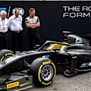 Ross Brawn (GBR) Formula One Managing Director of Motorsports, Charlie Whiting (GBR) FIA Delegate, Bruno Michel (FRA) F2 CEO and Mario Isola (ITA) Pirelli Sporting Director unveil the new 2018 F2 car at Formula Two Championship, Rd9, Monza, Italy, 1-3 September 2017. © Sutton Images