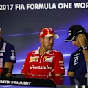 Esteban Ocon (FRA) Force India, Sebastian Vettel (GER) Ferrari and Sergio Perez (MEX) Force India in the Press Conference at Formula One World Championship, Rd13, Italian Grand Prix, Preparations, Monza, Italy, Thursday 31 August 2017. © Sutton Images