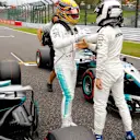 Pole sitter Lewis Hamilton (GBR) Mercedes AMG F1 and Valtteri Bottas (FIN) Mercedes AMG F1 celebrate in parc ferme at Formula One World Championship, Rd16, Japanese Grand Prix, Qualifying, Suzuka, Japan, Saturday 7 October 2017. © Mark Sutton/Sutton Images