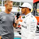 Pole sitter Lewis Hamilton (GBR) Mercedes AMG F1 talks with Jenson Button (GBR) in parc ferme at Formula One World Championship, Rd16, Japanese Grand Prix, Qualifying, Suzuka, Japan, Saturday 7 October 2017. © Steven Tee/LAT/Sutton Images