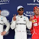 (L to R): Valtteri Bottas (FIN) Mercedes AMG F1, pole sitter Lewis Hamilton (GBR) Mercedes AMG F1 and Sebastian Vettel (GER) Ferrari celebrate in parc ferme at Formula One World Championship, Rd16, Japanese Grand Prix, Qualifying, Suzuka, Japan, Saturday 7 October 2017. © Mark Sutton/Sutton Images