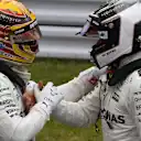 Pole sitter Lewis Hamilton (GBR) Mercedes AMG F1 and Valtteri Bottas (FIN) Mercedes AMG F1 celebrate in parc ferme at Formula One World Championship, Rd16, Japanese Grand Prix, Qualifying, Suzuka, Japan, Saturday 7 October 2017. © Mark Sutton/Sutton Images