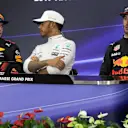 Max Verstappen (NED) Red Bull Racing, race winner Lewis Hamilton (GBR) Mercedes AMG F1 and Daniel Ricciardo (AUS) Red Bull Racing in the Press Conference at Formula One World Championship, Rd16, Japanese Grand Prix, Race, Suzuka, Japan, Sunday 8 October 2017. © Kym Illman/Sutton Images