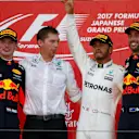 (L to R): Max Verstappen (NED) Red Bull Racing, James Vowles (GBR) Mercedes AMG F1 Chief Strategist, Lewis Hamilton (GBR) Mercedes AMG F1 and Daniel Ricciardo (AUS) Red Bull Racing celebrate on the podium at Formula One World Championship, Rd16, Japanese Grand Prix, Race, Suzuka, Japan, Sunday 8 October 2017. © Andy Hone/LAT/Sutton Images