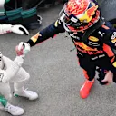Race winner Lewis Hamilton (GBR) Mercedes AMG F1 celebrates in parc ferme with Max Verstappen (NED) Red Bull Racing at Formula One World Championship, Rd16, Japanese Grand Prix, Race, Suzuka, Japan, Sunday 8 October 2017. © Mark Sutton/Sutton Images