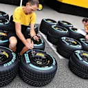 Renault Sport F1 Team mechanics with Pirelli tyres at Formula One World Championship, Rd16, Japanese Grand Prix, Preparations, Suzuka, Japan, Thursday 5 October 2017. © Mark Sutton/Sutton Images