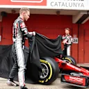 Kevin Magnussen (DEN) Haas F1 and Romain Grosjean (FRA) Haas F1 unveil the new Haas VF-17 at Haas VF-17 Launch, Barcelona, Spain, 27 February 2017. © Sutton Images