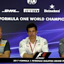 Mario Isola (ITA) Pirelli Sporting Director, Toto Wolff (AUT) Mercedes AMG F1 Director of Motorsport and Guenther Steiner (ITA) Haas F1 Team Principal in the Press Conference at Formula One World Championship, Rd15, Malaysian Grand Prix, Practice, Sepang, Malaysia, Friday 29 September 2017. © Kym Illman/Sutton Images
