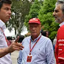 Toto Wolff (AUT) Mercedes AMG F1 Director of Motorsport, Maurizio Arrivabene (ITA) Ferrari Team Principal and Niki Lauda (AUT) Mercedes AMG F1 Non-Executive Chairman at Formula One World Championship, Rd15, Malaysian Grand Prix, Practice, Sepang, Malaysia, Friday 29 September 2017. © Mark Sutton/Sutton Images