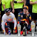 Daniel Ricciardo (AUS) Red Bull Racing and race winner Max Verstappen (NED) Red Bull Racing celebrate with the team and the trophies at Formula One World Championship, Rd15, Malaysian Grand Prix, Race, Sepang, Malaysia, Sunday 1 October 2017. © Manuel Gor