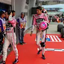 Esteban Ocon (FRA) Force India and Sergio Perez (MEX) Force India in parc ferme at Formula One World Championship, Rd15, Malaysian Grand Prix, Race, Sepang, Malaysia, Sunday 1 October 2017. © Kym Illman/Sutton Images