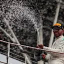 Lewis Hamilton (GBR) Mercedes AMG F1 celebrates with the champagne on the podium at Formula One World Championship, Rd15, Malaysian Grand Prix, Race, Sepang, Malaysia, Sunday 1 October 2017. © Kym Illman/Sutton Images
