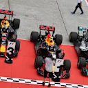 Daniel Ricciardo (AUS) Red Bull Racing RB13, Max Verstappen (NED) Red Bull Racing RB13 and Lewis Hamilton (GBR) Mercedes-Benz F1 W08 Hybrid in parc ferme at Formula One World Championship, Rd15, Malaysian Grand Prix, Race, Sepang, Malaysia, Sunday 1 October 2017. © Mark Sutton/Sutton Images