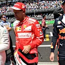 Lewis Hamilton (GBR) Mercedes AMG F1, pole sitter Sebastian Vettel (GER) Ferrari and Max Verstappen (NED) Red Bull Racing in parc ferme at Formula One World Championship, Rd18, Mexican Grand Prix, Qualifying, Circuit Hermanos Rodriguez, Mexico City, Mexico, Saturday 28 October 2017. © Mark Sutton/Sutton Images