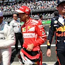 Lewis Hamilton (GBR) Mercedes AMG F1, pole sitter Sebastian Vettel (GER) Ferrari and Max Verstappen (NED) Red Bull Racing in parc ferme at Formula One World Championship, Rd18, Mexican Grand Prix, Qualifying, Circuit Hermanos Rodriguez, Mexico City, Mexic